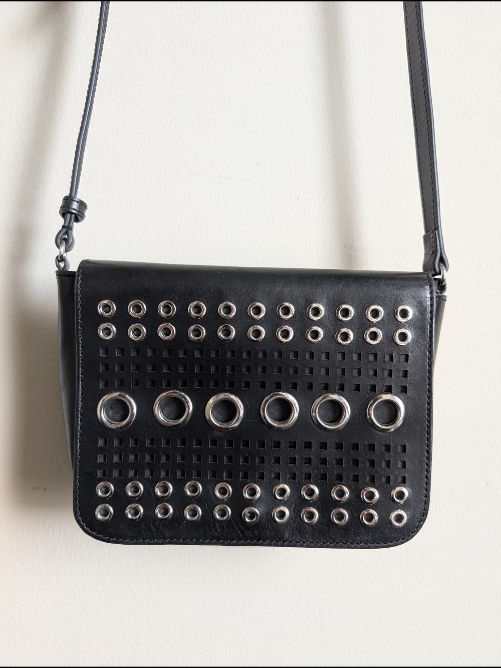 Vintage Etienne Aigner Biker Chic Black Leather Crossbody Bag w Silver Gromets